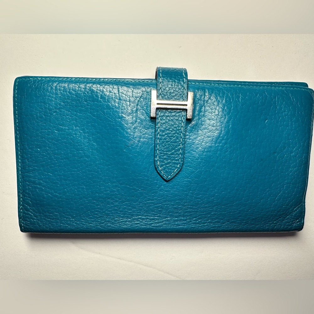 Authentic Hermes long Chèvre leather bifold Bearn Wallet Palladium Hardware